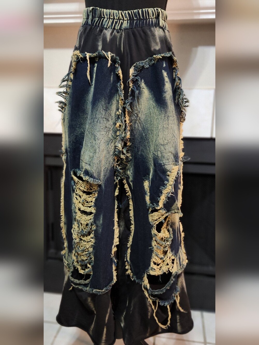 Distressed Two-Tone Denim Patchwork Wide-Leg Pants